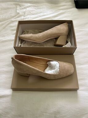 Donald Pliner Classic Block Heel Pumps in Beige Suede